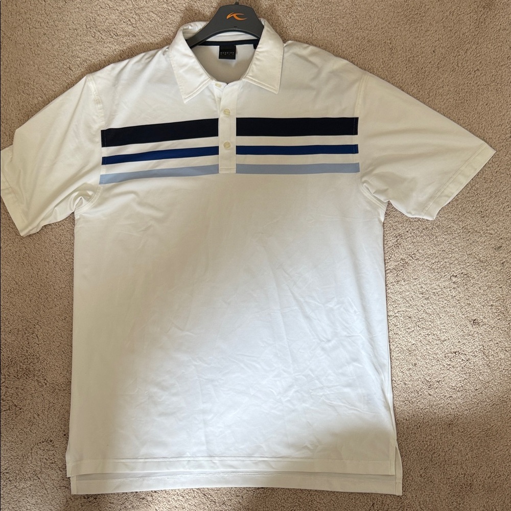 Stylish White Polo Shirt with Navy and Light Blue Stripes